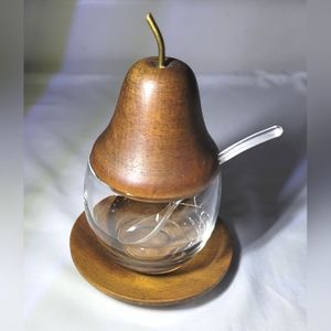 Vintage condiment bowl with pear-shaped lid, spoon and base.